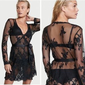Victoria's Secret Black Lace Tie Waist Robe Sz XL/XXL